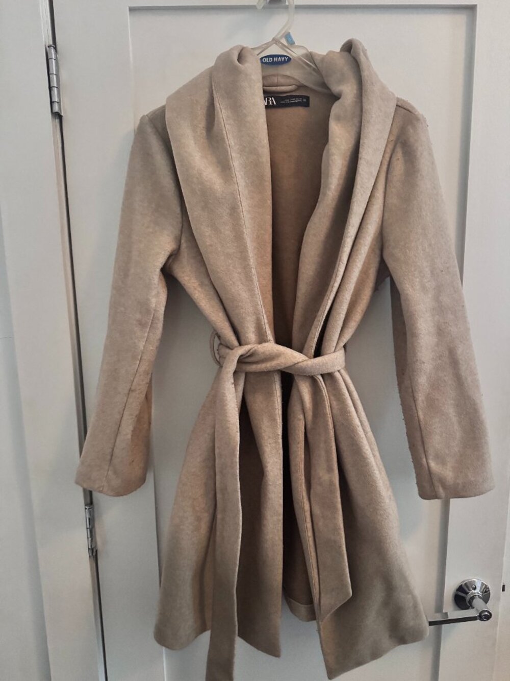 ZARA Hooded Wrap Coat Soft Felt Tan Womens Medium Beige Fall/Spring